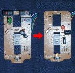 The orginal mouse PCB (left) and the stripped down PCB (right)