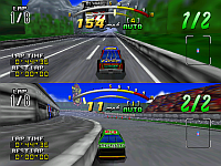 Screenshotof SEGA's Daytona USA in 2 player split-screen mode.